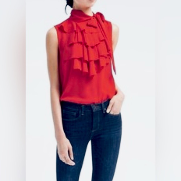 Banana Republic Red Sleeveless Tiered Ruffle Front Tie Neck Blouse, Size Large - Picture 1 of 6